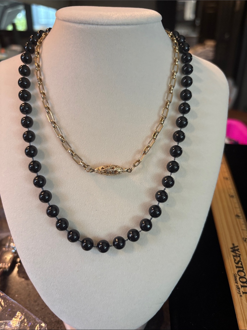 Layered Black Bead and Gold Chain Necklace